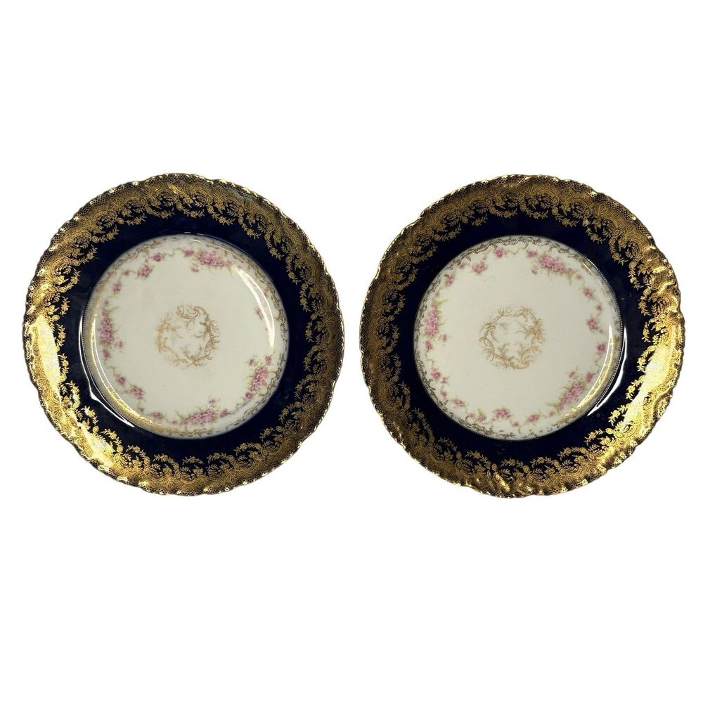 2 Theodore Haviland Limoges Plate, Cobalt Blue, Pink Roses with Gold Floral Gild